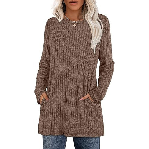 Women's hip-length tunic sweater with side pockets, soft stretch fabric, relaxed cozy fit for everyday wear