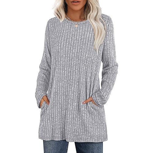 Women's hip-length tunic sweater with side pockets, soft stretch fabric, relaxed everyday fit