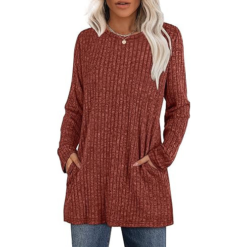 Women's hip-length tunic sweater with side pockets, soft stretch fabric, everyday casual style
