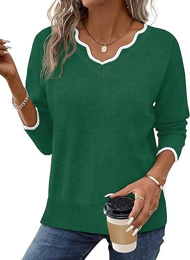 Women's cozy fuzzy knit V-neck pullover sweater in casual fall style with long sleeves