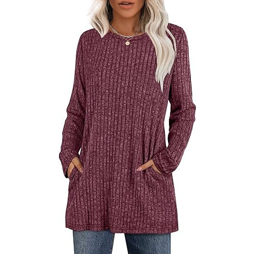 Women's hip-length tunic sweater with side pockets, soft stretch fabric, relaxed fit everyday style