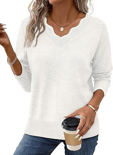 Women's cozy fuzzy knit V-neck pullover sweater in casual fall style with long sleeves