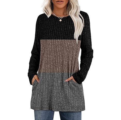Women's hip-length tunic sweater with side pockets, soft stretch fabric, relaxed fit everyday style