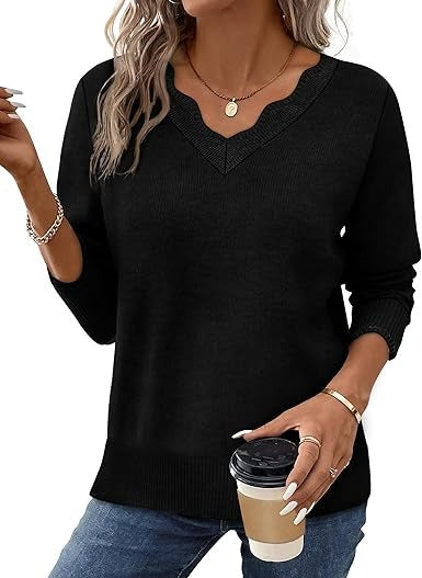 Women's cozy fuzzy knit V-neck pullover sweater in casual fall style with long sleeves