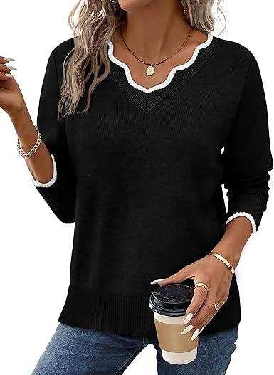 Women's cozy fuzzy knit V-neck pullover sweater in casual fall style with long sleeves