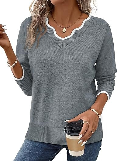 Women's cozy fuzzy knit V-neck pullover sweater in casual fall style with long sleeves