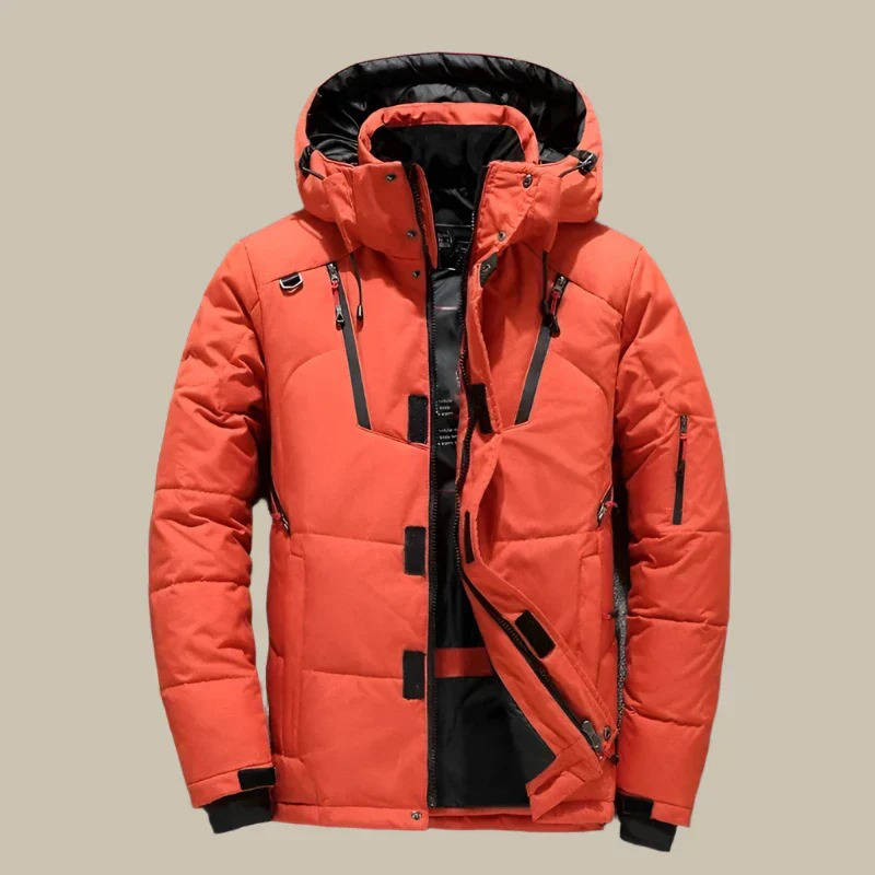 Black insulated winter jacket with hood, weather-resistant shell for cold outdoor adventures