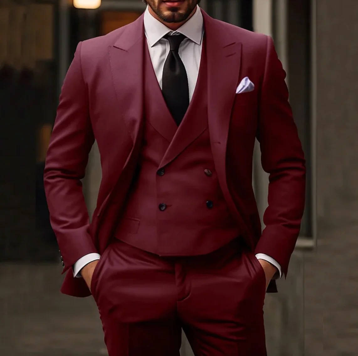 Men's 3-piece burgundy tuxedo suit with waistcoat, slim formal cut, wrinkle-resistant fabric