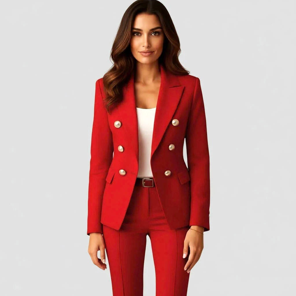 Women's double-breasted blazer and trousers two-piece suit set with notched lapels for work