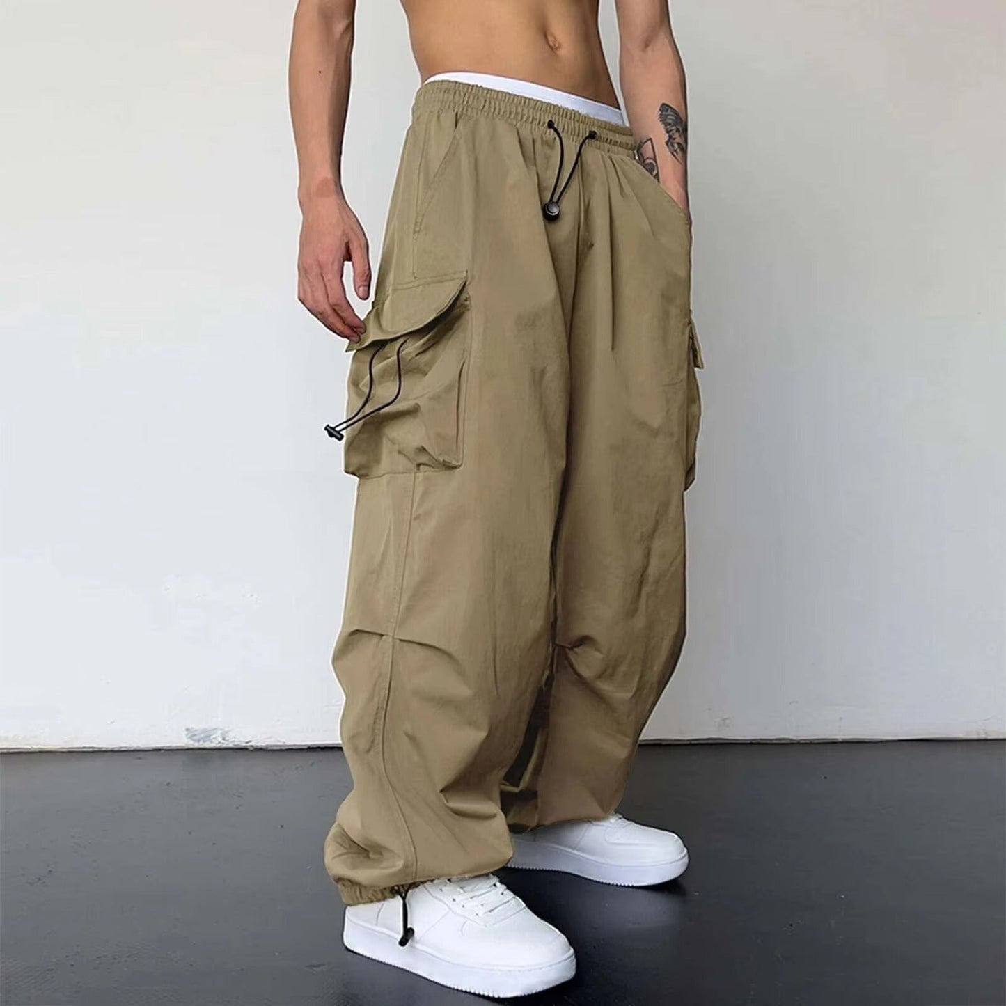 Men's baggy cargo pants wide leg relaxed fit large side pockets drawstring waist streetwear