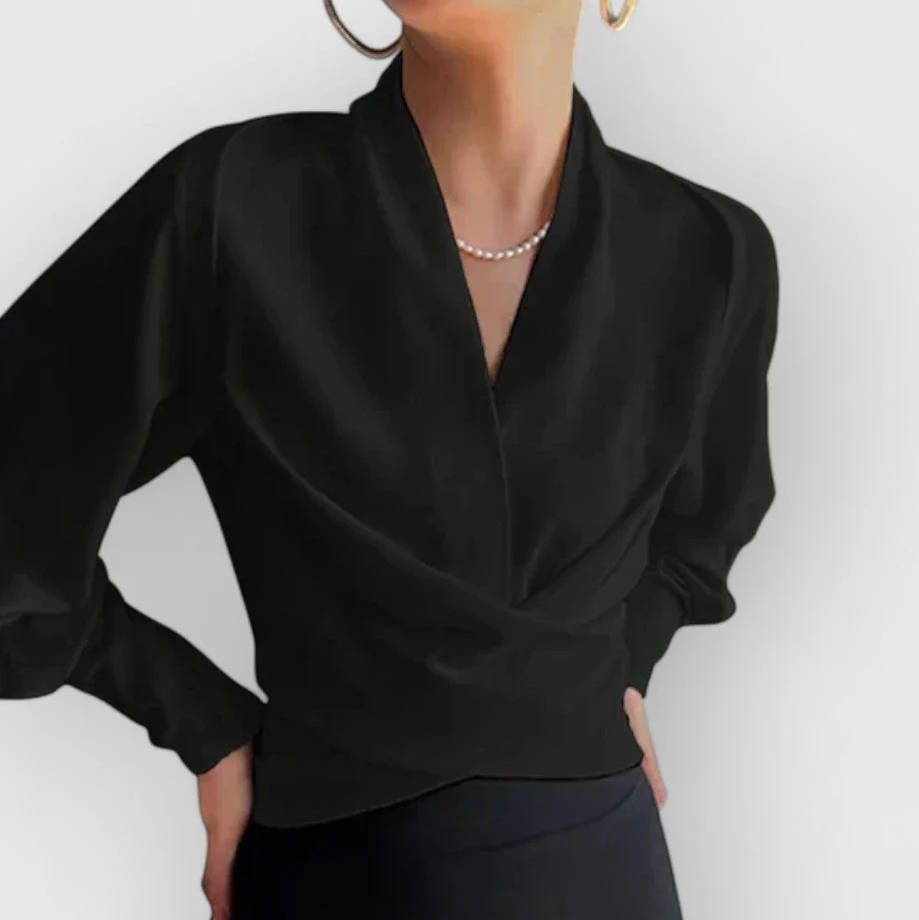 Urbann-Vibe women's ivory satin silk blouse long sleeve with draped silhouette for professional wear