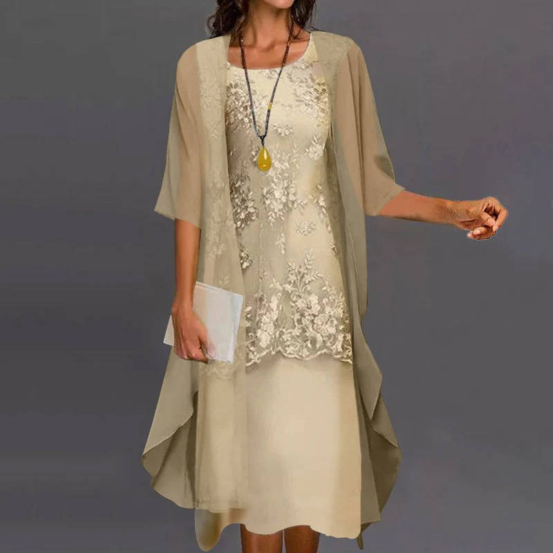 Elegant two-piece chiffon jacket midi dress set for mother of the bride in soft neutral tones