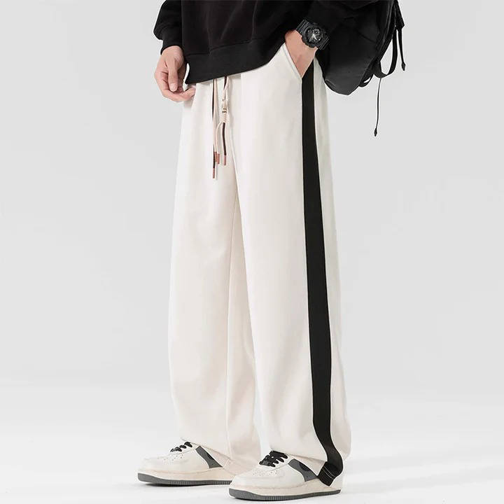 Men's loose fit sweatpants with side stripe and drawstring waist, polycotton casual everyday style