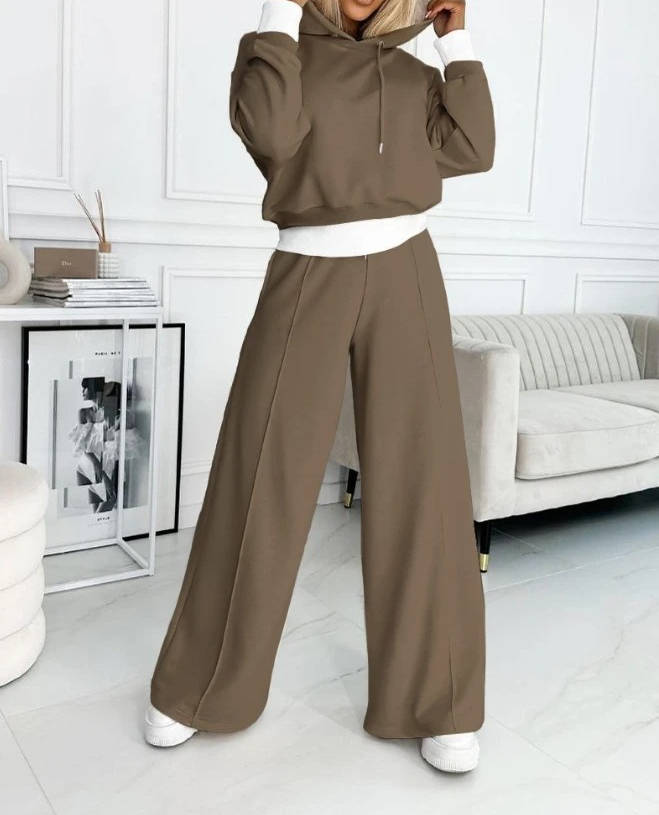 Women's solid color hoodie tracksuit set soft polyester two-piece coordinated casual everyday style