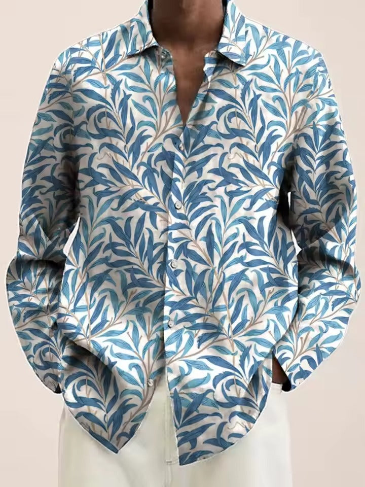 Men's navy casual button-down shirt with 3D white blossom floral pattern, perfect for brunch or date night