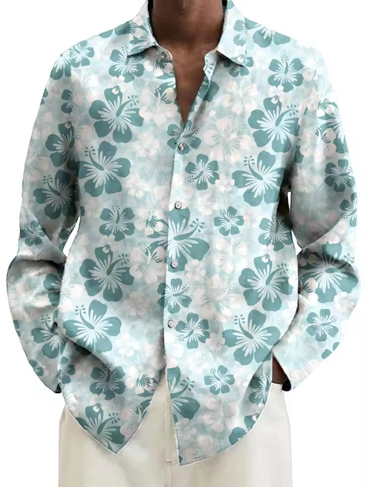 Men's navy casual button-down shirt with 3D white blossom floral pattern, perfect for brunch or date night