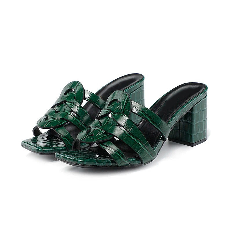 Jade croc-embossed vegan patent leather block heel mules in jade green with mid-heel comfort design