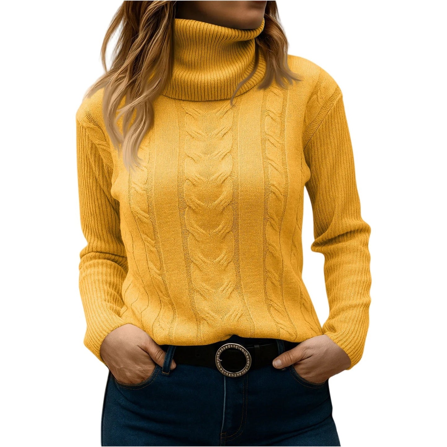 Women's beige cable-knit turtleneck sweater relaxed fit cozy everyday essential