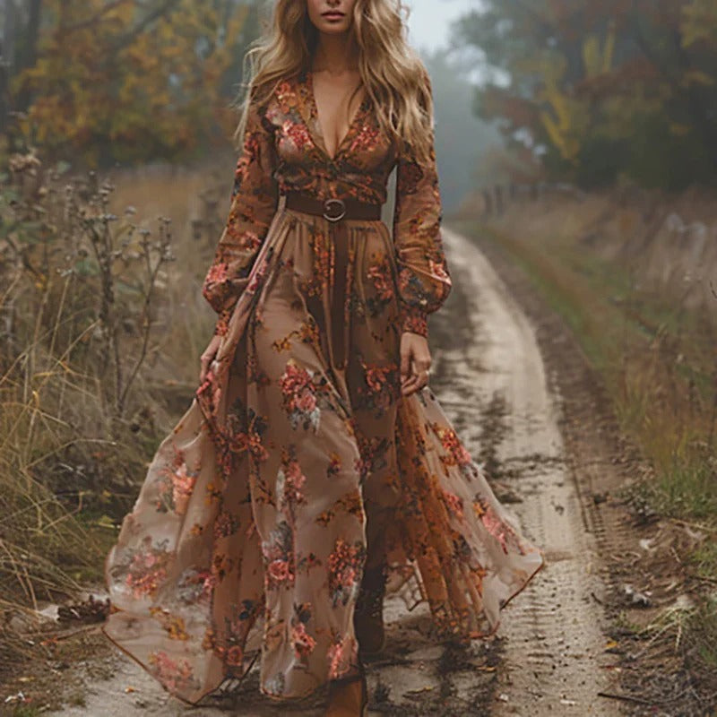 Bohemian maxi dress women floral embroidery flowing chiffon multicolor boho style garden party