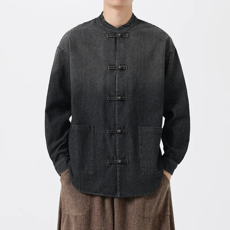 Men's blue pinstripe denim overshirt relaxed fit Tang silhouette with pankou knot closures