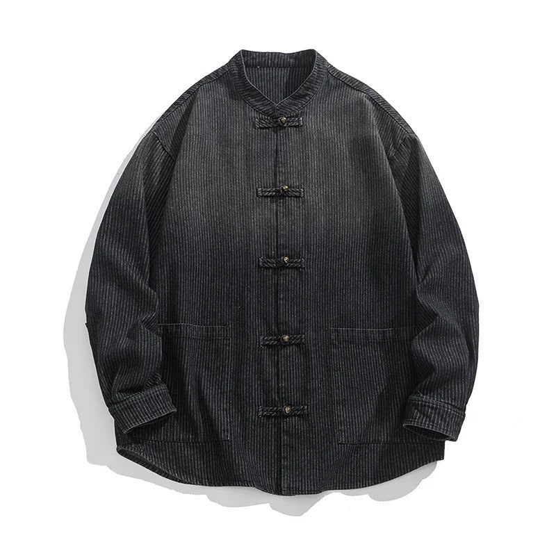 Men's blue pinstripe denim overshirt Tang silhouette relaxed fit with pankou knot closures