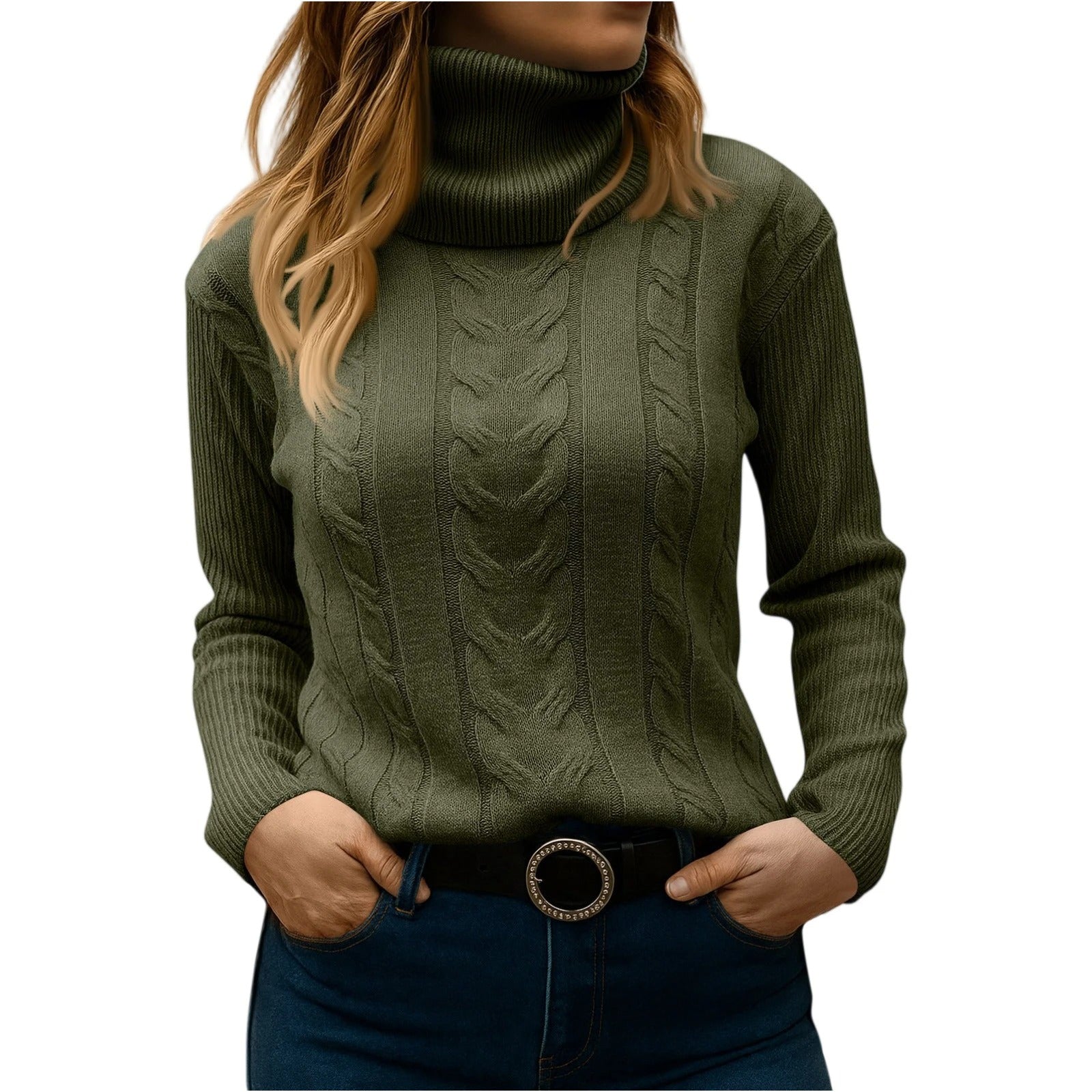 Women's cream cable-knit turtleneck sweater relaxed fit cozy everyday essential polished silhouette