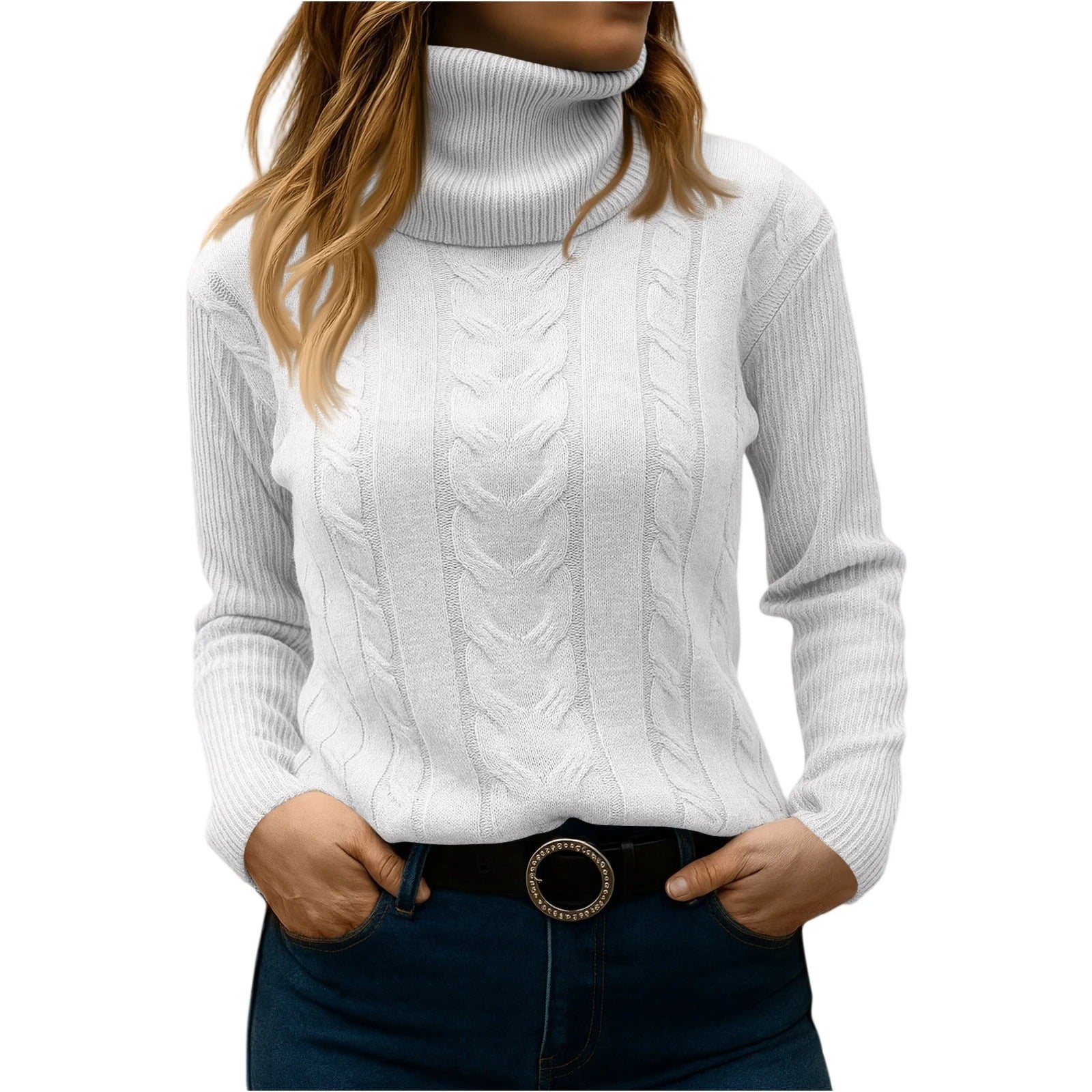Women's ivory cable-knit turtleneck sweater relaxed fit cozy everyday essential polished silhouette