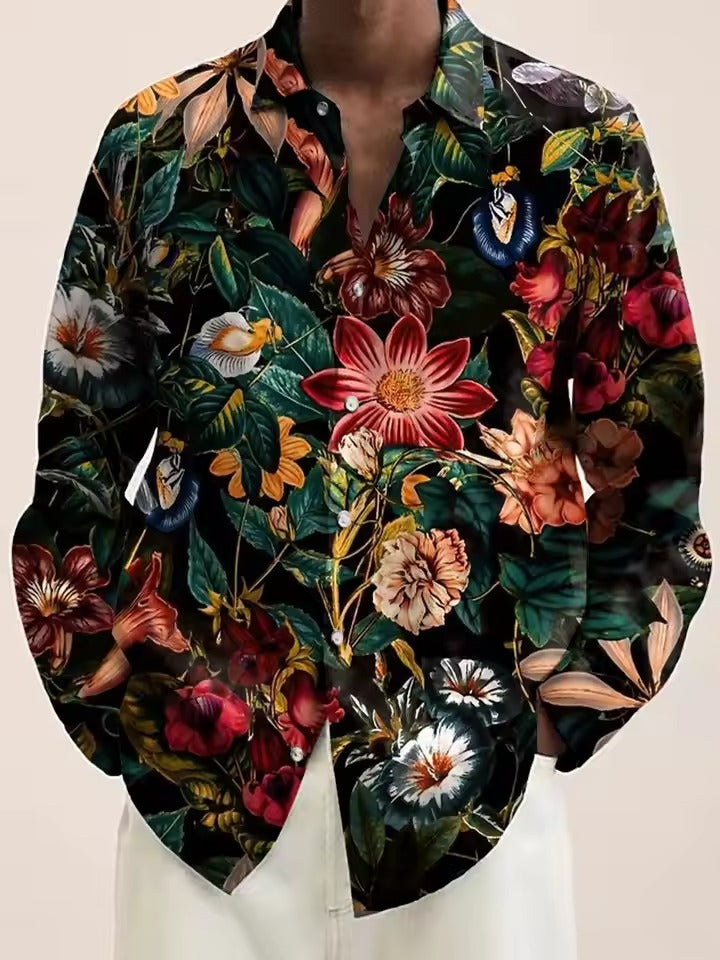Men's navy casual button-down shirt with 3D white blossom floral pattern, perfect for brunch or date night