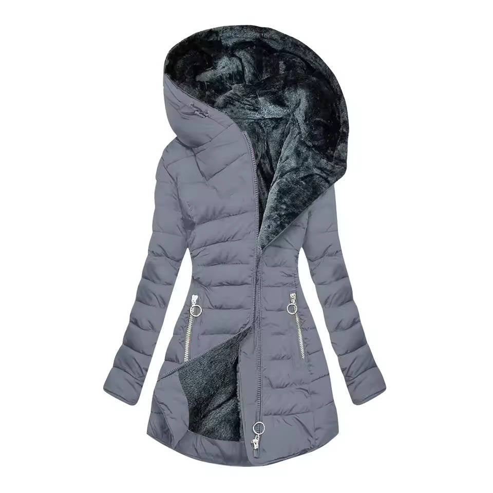 Women's hooded winter coat cotton-polyester blend fluffy polyester fill sleek silhouette cozy warmth