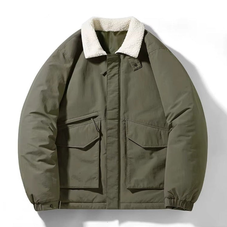Oversized boxy puffer jacket with white sherpa collar in muted tones for urban cold-weather style