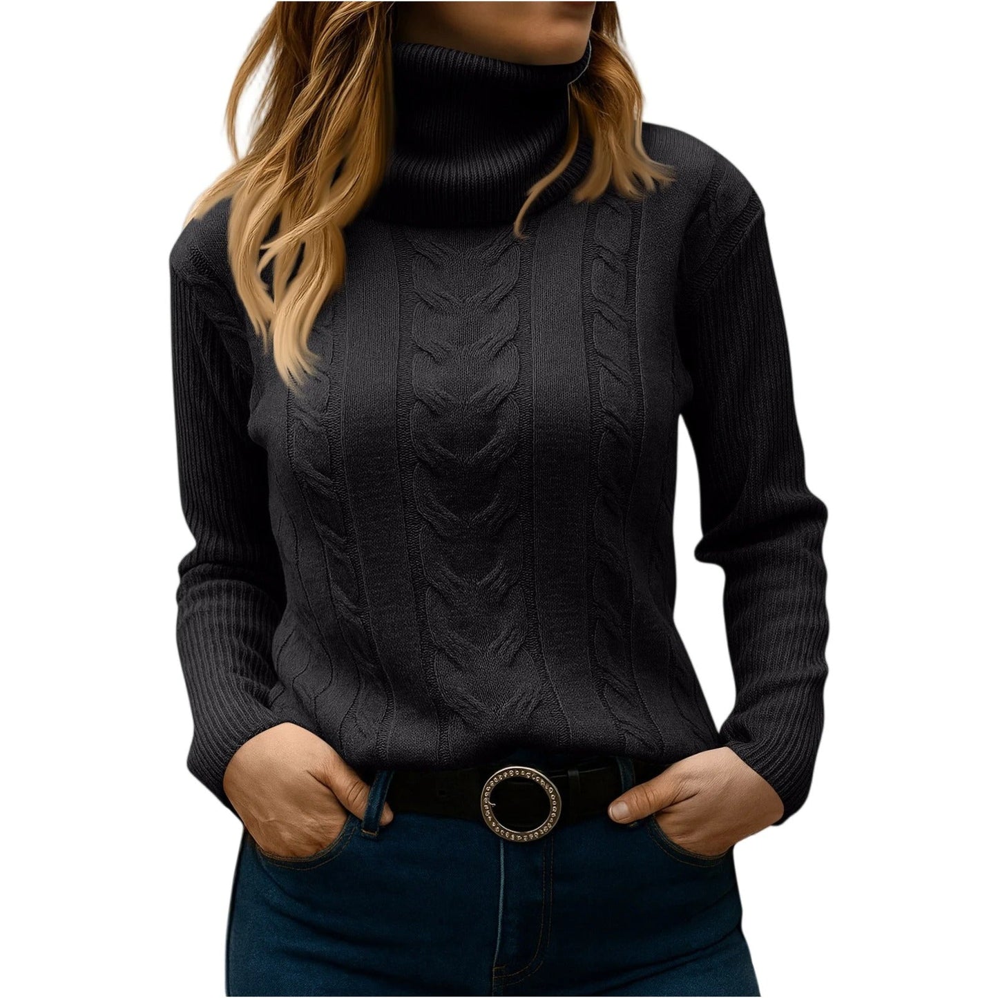Women's cream cable-knit turtleneck sweater relaxed fit cozy polished everyday essential