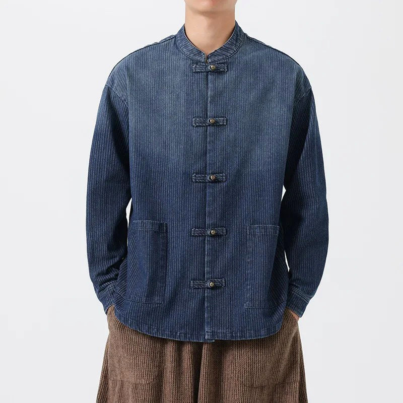 Men's blue pinstripe denim overshirt Tang silhouette relaxed fit with Pankou knot closures