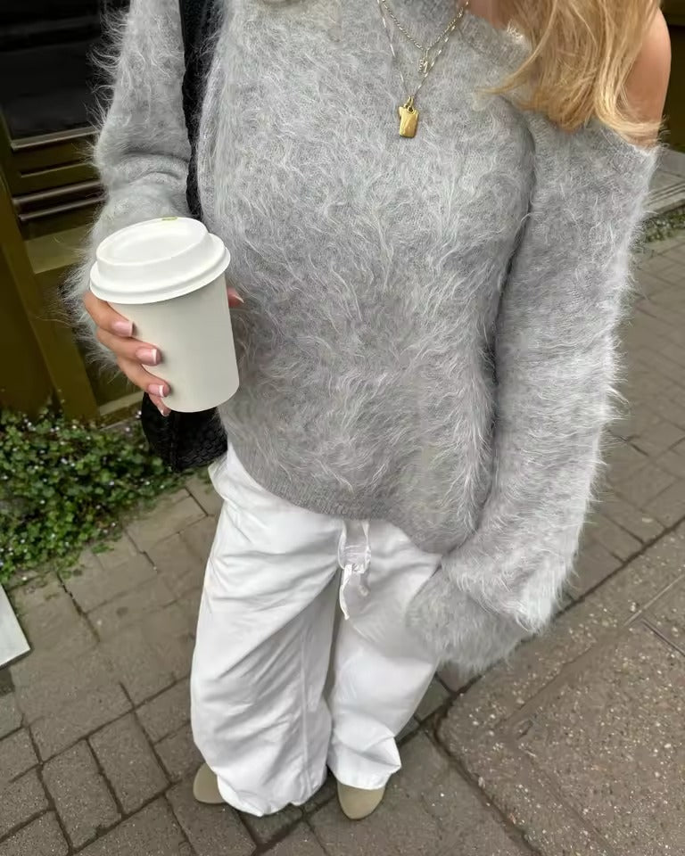 Women's cropped fluffy mohair blend fur sweater in off-shoulder silhouette with plush cloud-soft texture