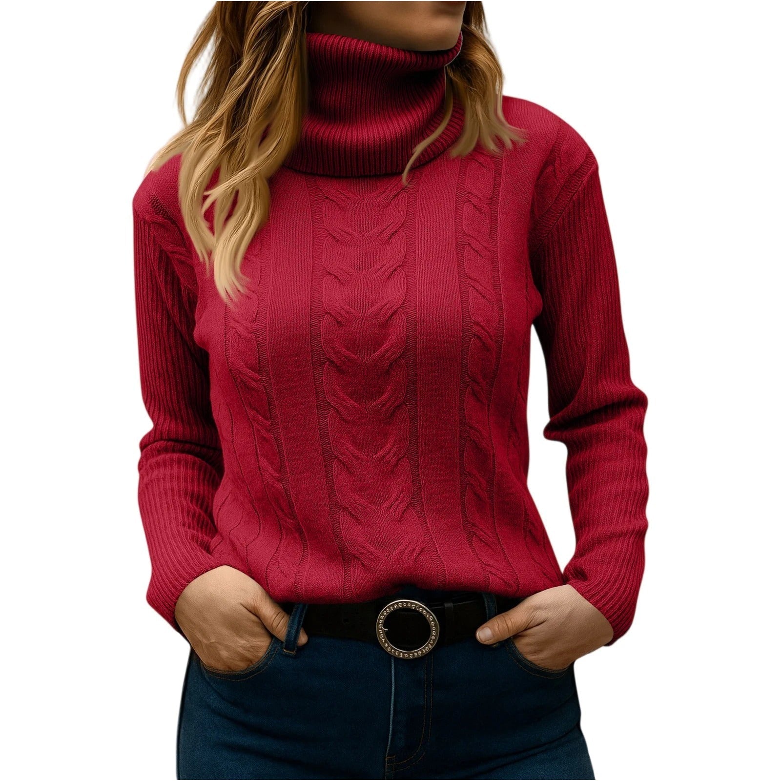 Women's relaxed-fit turtleneck sweater in cozy cable-knit, polished everyday essential