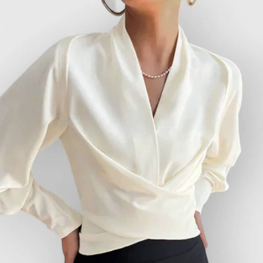 Urbann-Vibe women's ivory satin silk blouse long sleeve professional stretch top