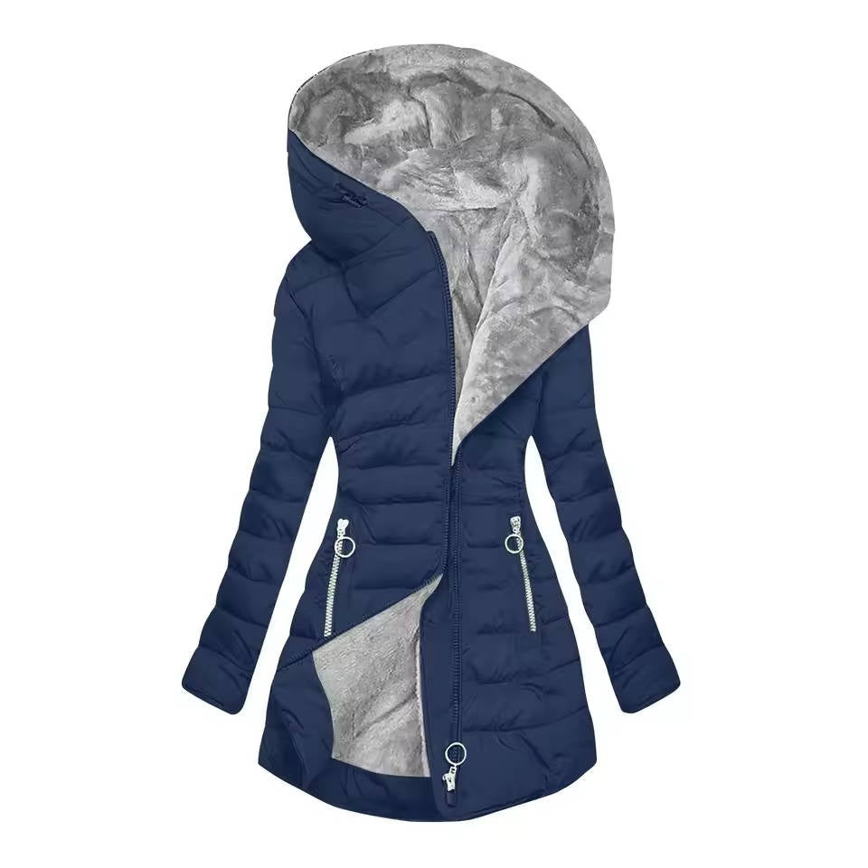 Women's hooded winter coat fluffy polyester fill cozy insulation sleek silhouette cotton-polyester blend