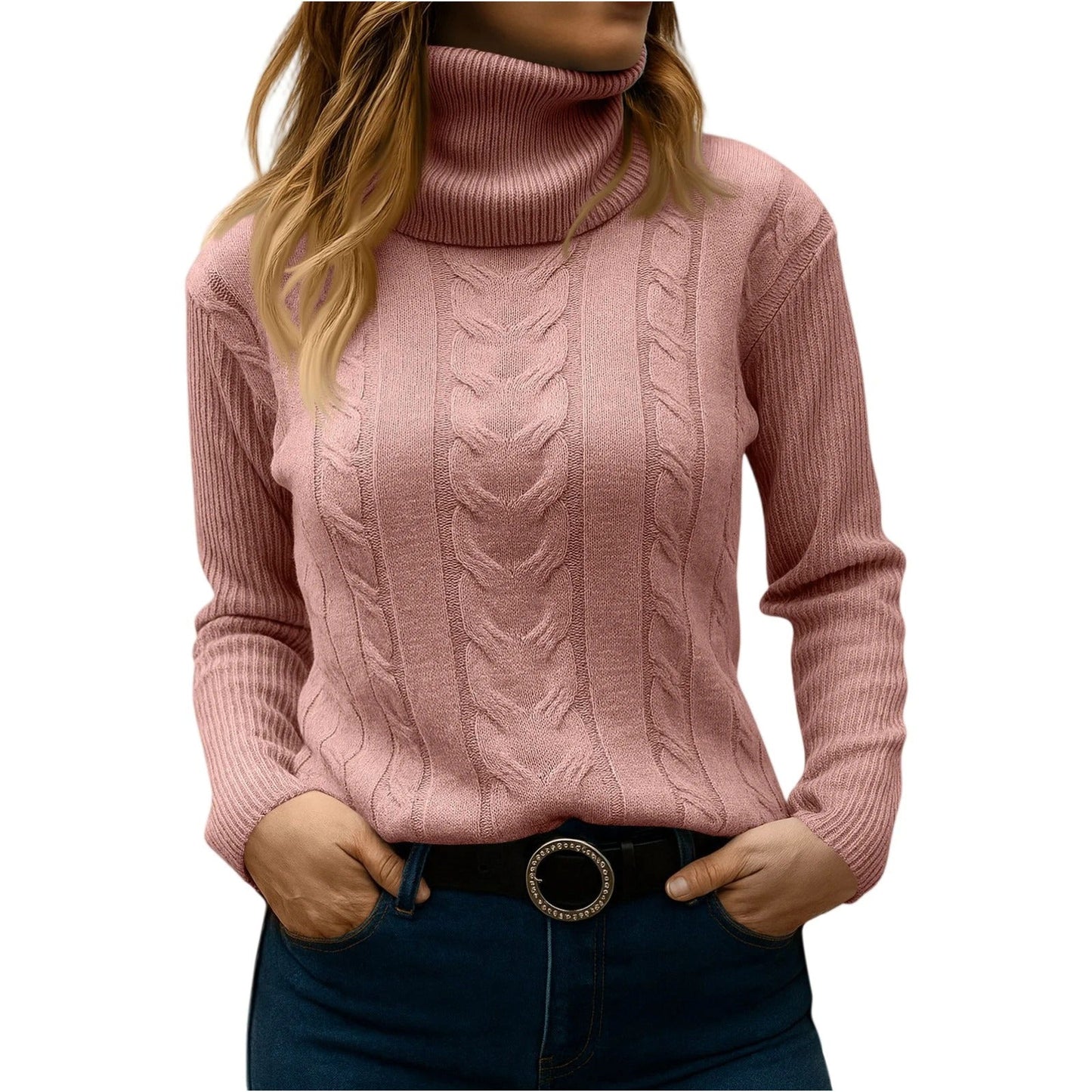 Women's relaxed fit turtleneck sweater in cozy cable-knit, polished everyday essential