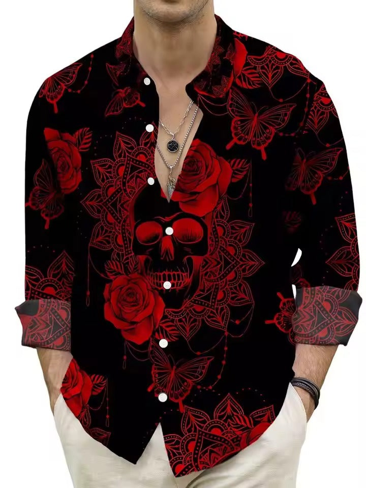Men's navy casual button-down shirt with 3D white blossom floral pattern, perfect for brunch or date night