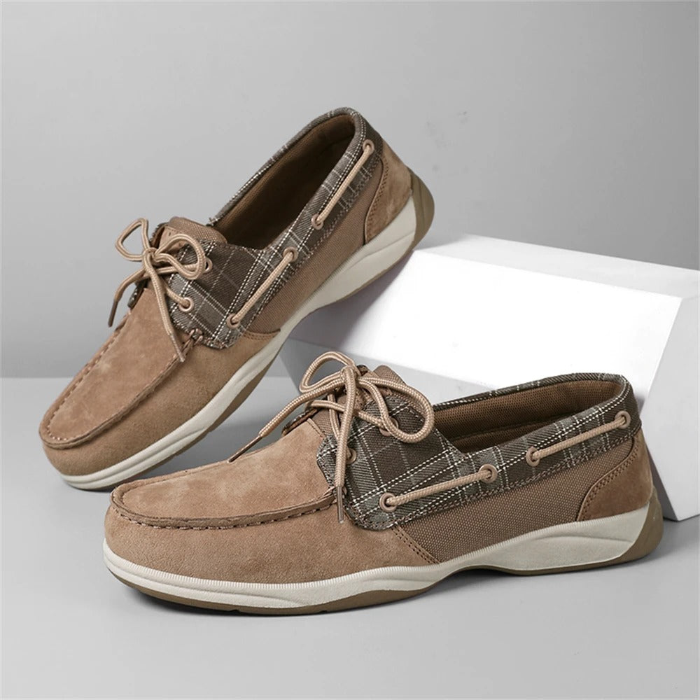 Men's brown suede boat shoes with plaid fabric panels, classic moc-toe lace-up, all-day comfort flex sole