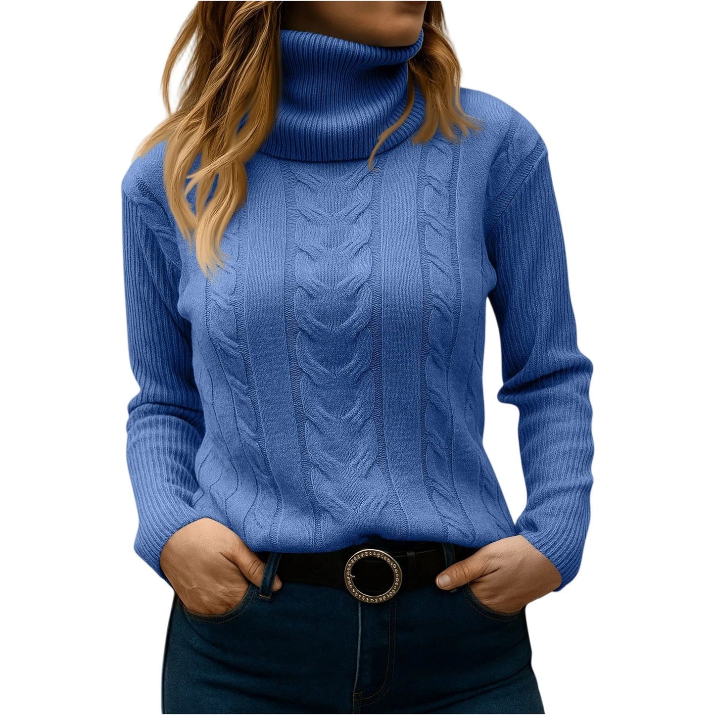 Women's beige cable-knit turtleneck sweater relaxed fit cozy everyday essential