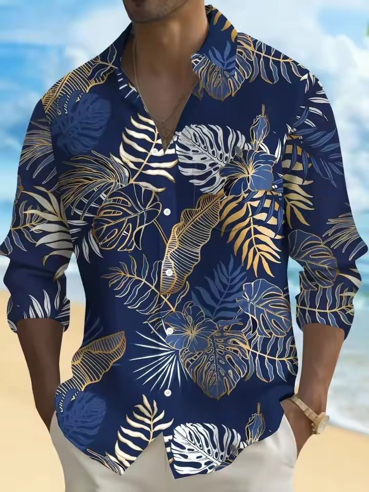 Men's navy casual button-down shirt with 3D white blossom floral pattern, perfect for brunch or date night