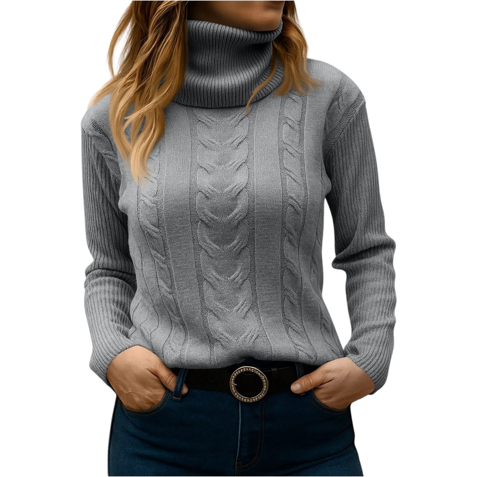 Women's beige cable-knit turtleneck sweater relaxed fit cozy polished everyday essential