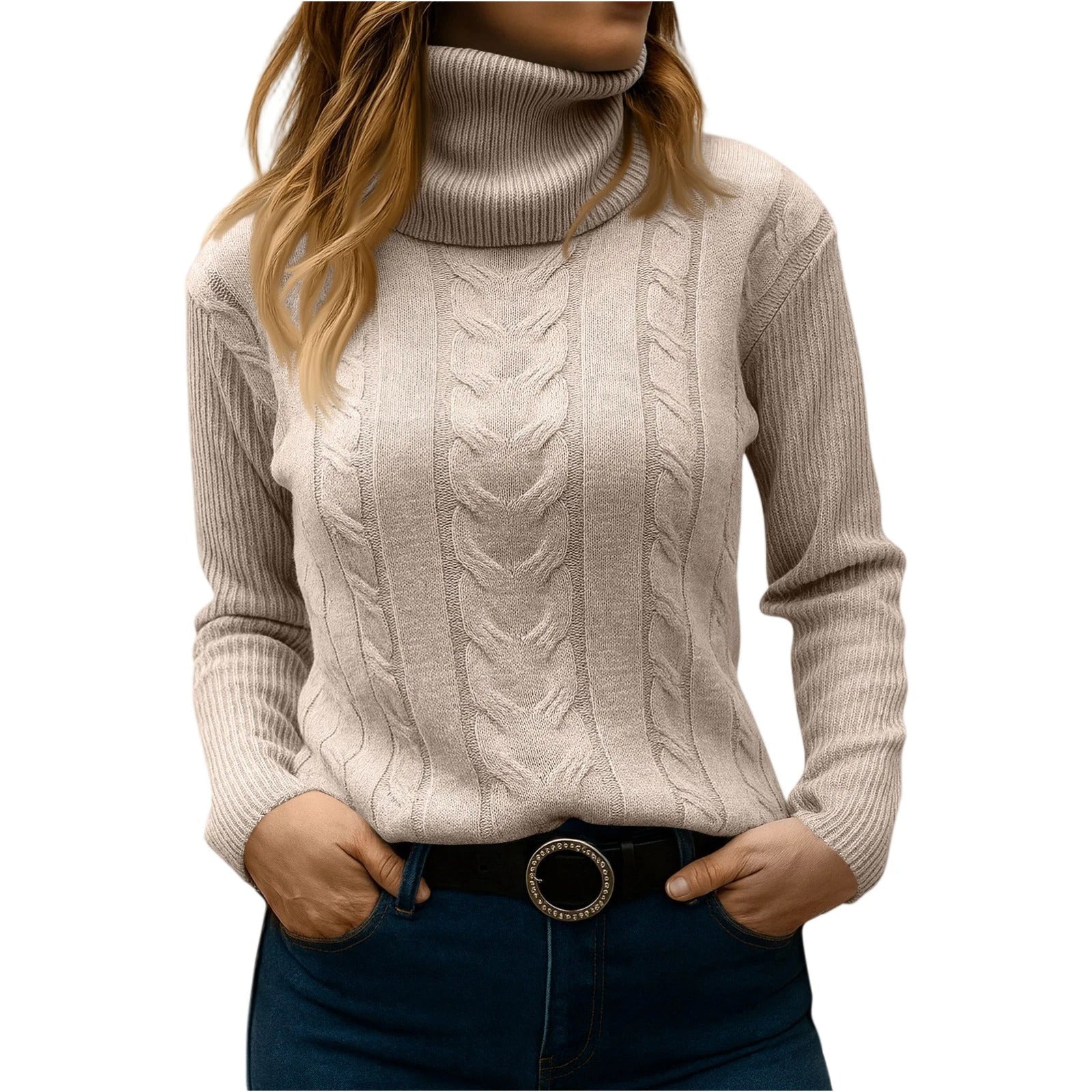 Women's relaxed-fit turtleneck cable knit sweater in cozy polished style for everyday wear