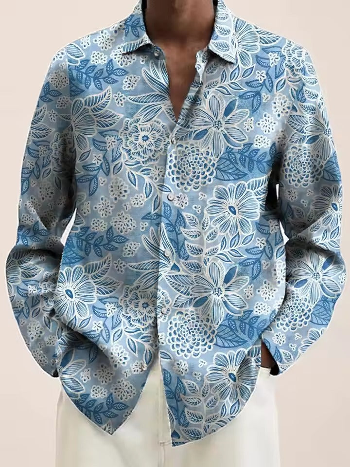 Men's navy casual button-down shirt with 3D white blossom floral pattern, relaxed fit for brunch or date night