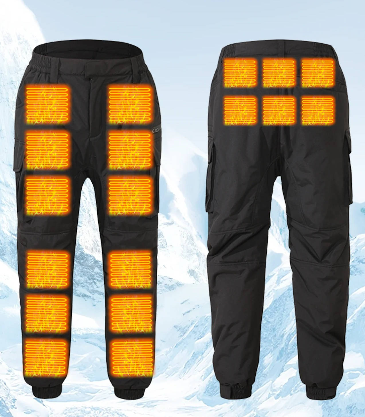 Men's black heated outdoor pants with dual-zone carbon fiber heating panels for cold commutes