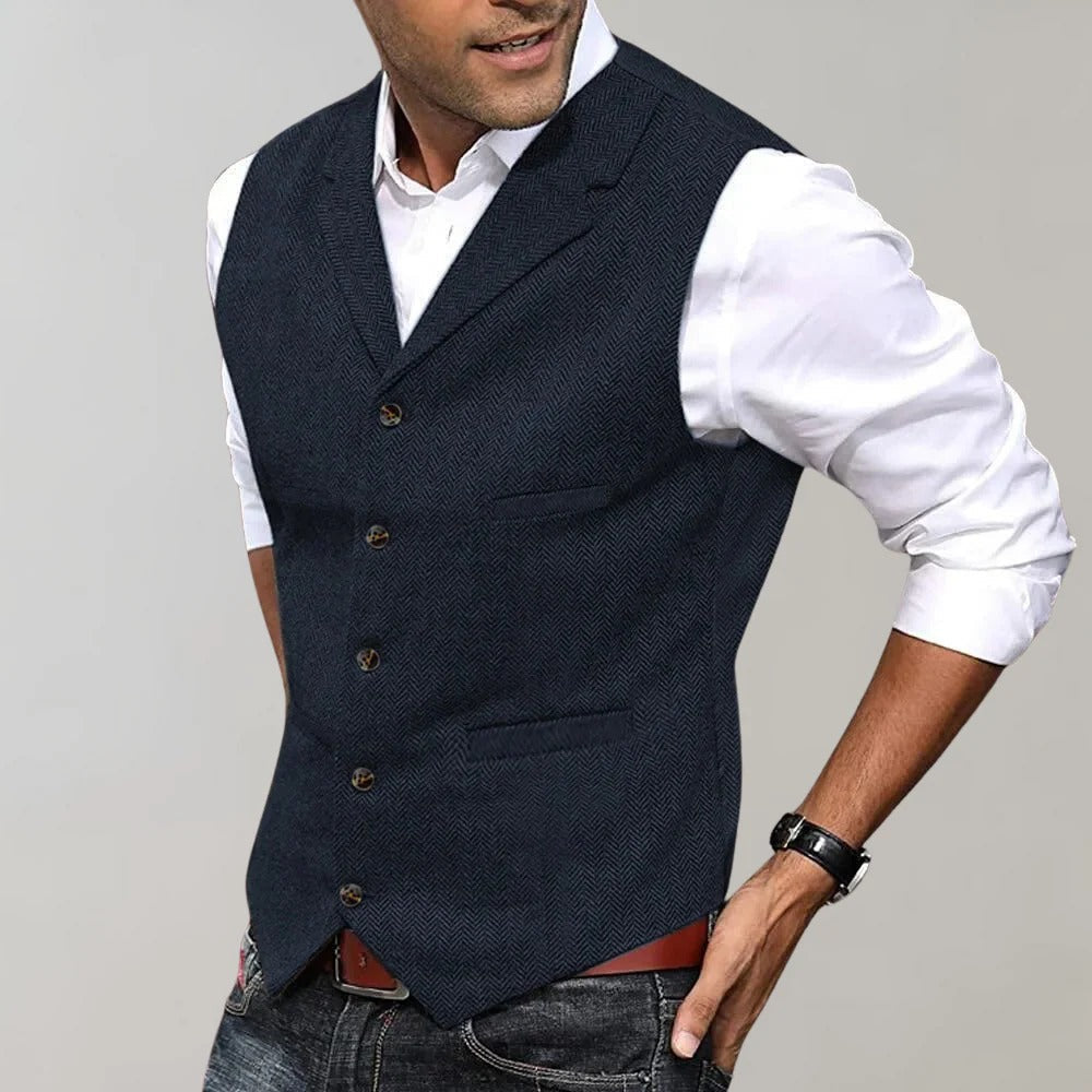 Men's formal green herringbone vest slim-fit sleeveless layering piece with polished tailored silhouette