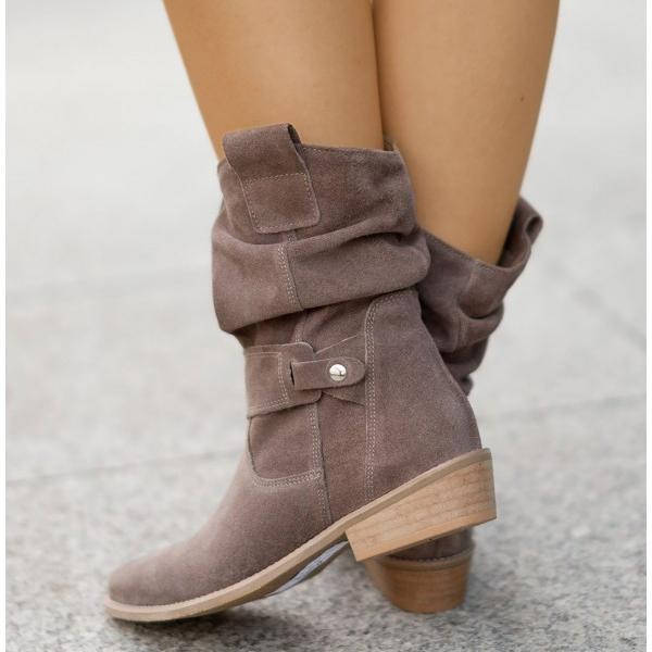 Women's brown mid-calf slouch suede boots low block heel flexible PU upper everyday style