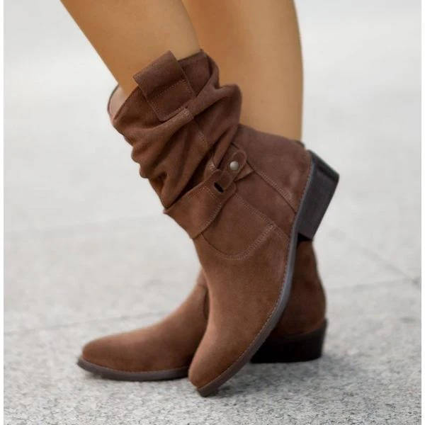 Women's brown mid-calf slouch suede boots low block heel flexible PU upper everyday style