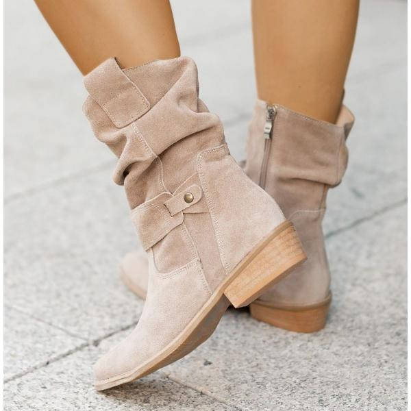Women's brown mid-calf slouch suede boots low block heel soft PU upper everyday style