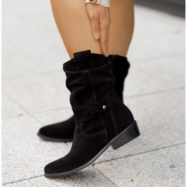 Women's brown mid-calf slouch suede boots low block heel flexible PU upper everyday style